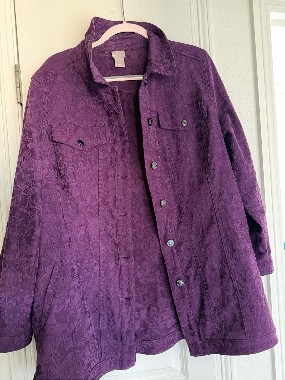 Chicos Women's Purple Embroidered Button-Front Jacket Size 3 (XL)